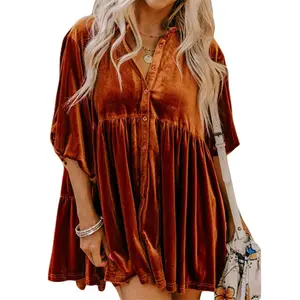 Women's Velvet Button Front SmockDress, Casual Bishop Sleeve CollaredShort Dress for Fall, Women's Clothingfor Daily Wear Womenswear Casual Wear Summer Comfort Basic Minimalist Vneck