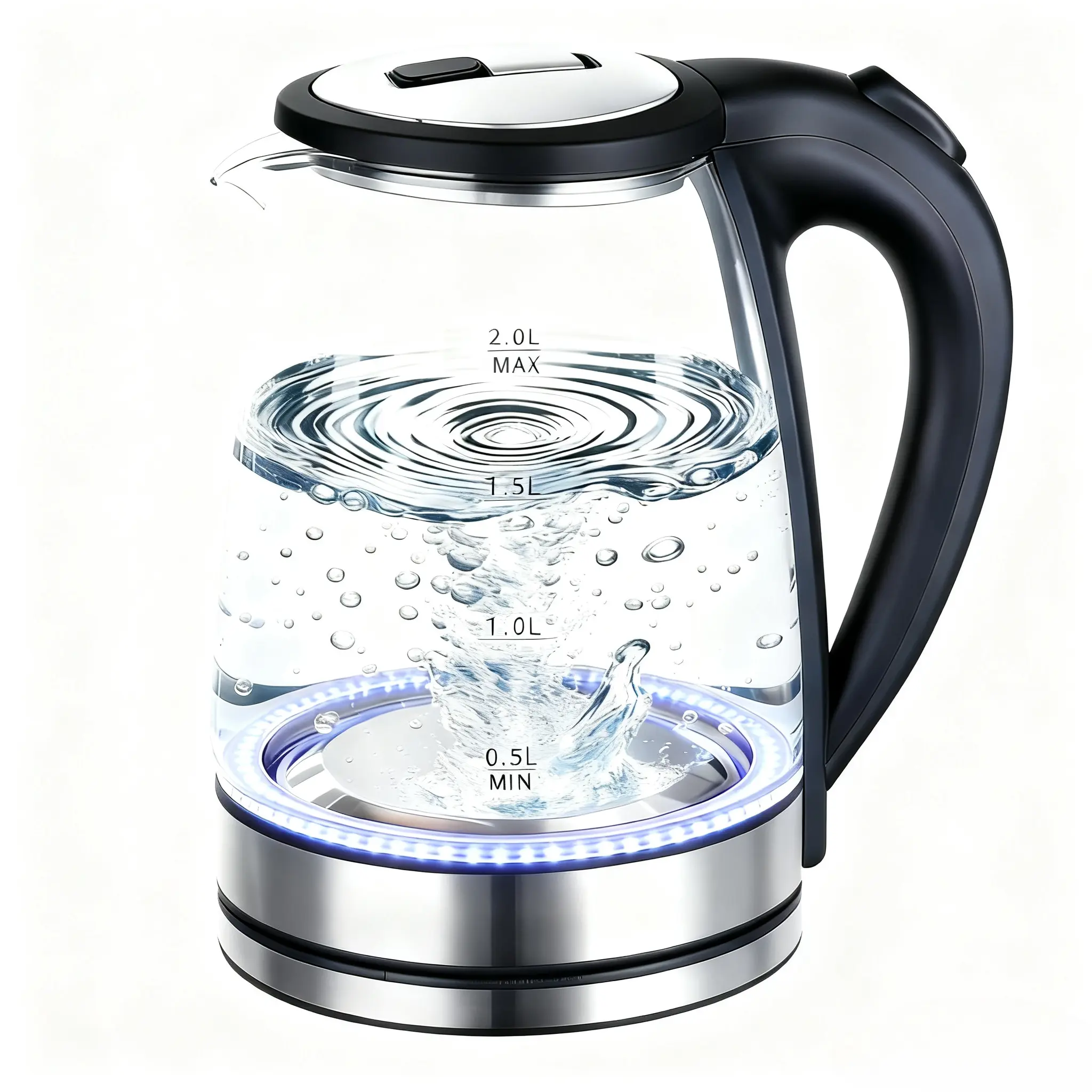 2.0L Electric Glass Kettle Water Boiler Hot Water Kettle Electric Tea Kettle Glass Electric Kettle with Wide Mouth, Bright Blue LED Indicator, Auto Shut-Off, Boil-Dry Protection, 360° Swivel Base, Drip-Free Spout – Ideal for Home, Office & Tea Lovers