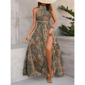 Women's sexy wrapped strap tropical bohemian print suspender high waisted dress, vacation long dress