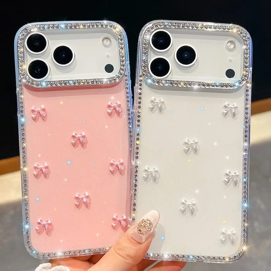 Glitter Bling 3D Pink Bow Bead Protective Case For iPhone 17 Air 16 15 14 13 Pro Max 16 Plus 16E Cover