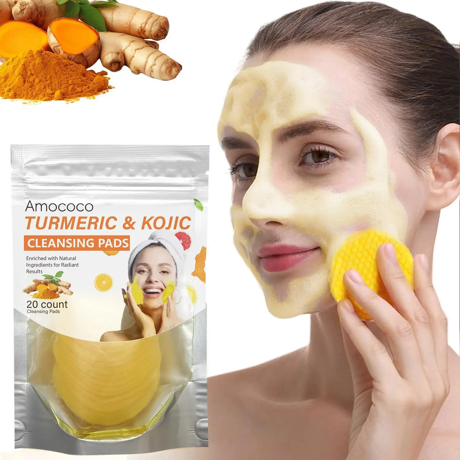 20pcs Turmeric & Kojic Acid Facial Cleansing Pads, Gentle Cleanser for Normal Skin, Soft Texture & Deep Cleansing, Multi-Pack Skin Care Supplies
