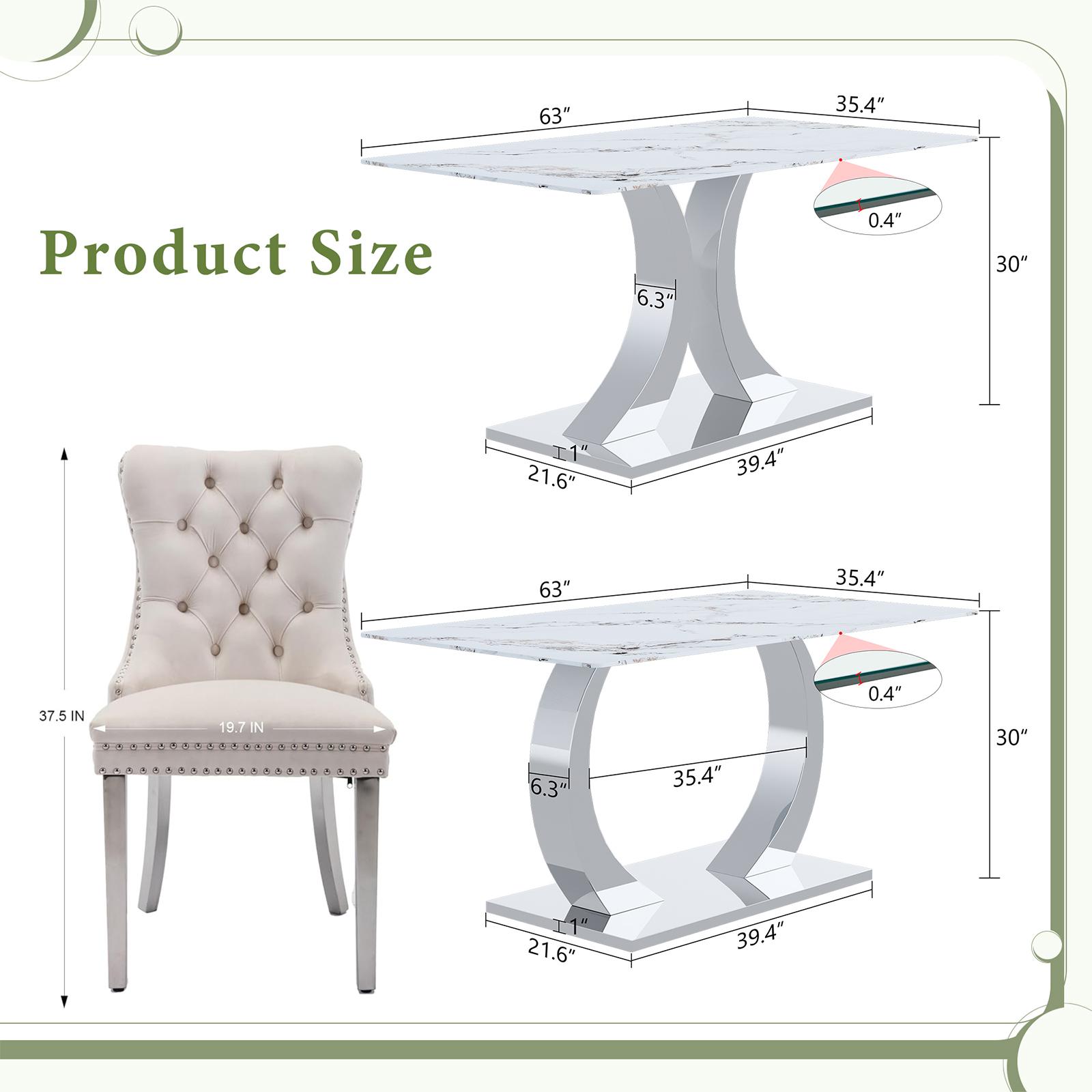 Dining Table Set for 6,Kitchen Table Chairs Set of 6,Rectangular Dining Table,Modern Dining Room Set 63" White Tempered Glass Top with Adjustable Stainless Steel Base,Velvet Dining Chairs,Sliver Stainless Steel Plating Legs,Suitable for Dining Room,Office