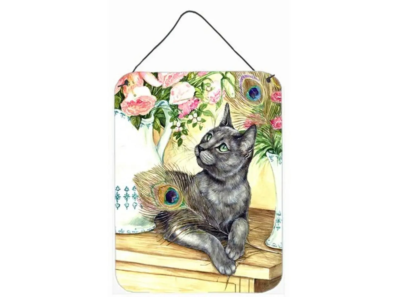 Aluminium Cat and Peacock Feathers Hanging Prints, Wall-Door Display Decor for Home and Room