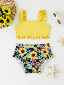 Sunflower Print Bikini Set for Little Girls, Cute Sleeveless Top and Ruffled Hem Pants, Summer Beachwear, Swimwear Set, Perfect for Pool Parties and Vacations, Thin Straps