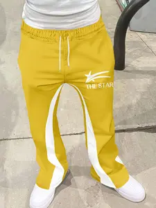 Men's Colorblock Drawstring Waist Flare Pants, Casual Comfortable Pocket Long Pants, Star Print, Spring Fall Streetwear