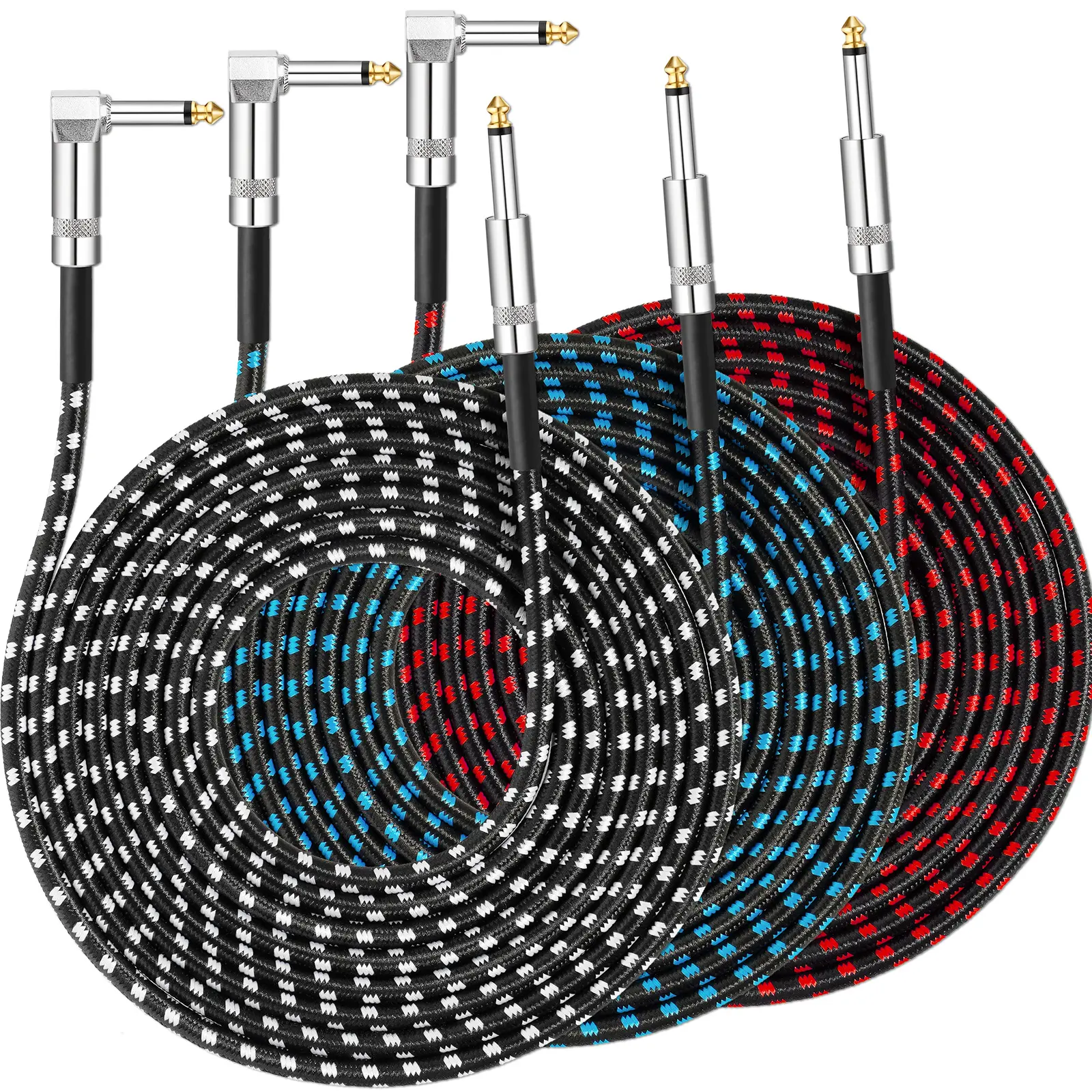 Tomorotec 3-Pack 10ft Copper Braid Sturdy 1/4" Interface Instrument Cables - Durable Copper & PE Build, Tangle-Free Tweed Jacket for Electric Guitar, Bass (Guitar Gear Accessory)