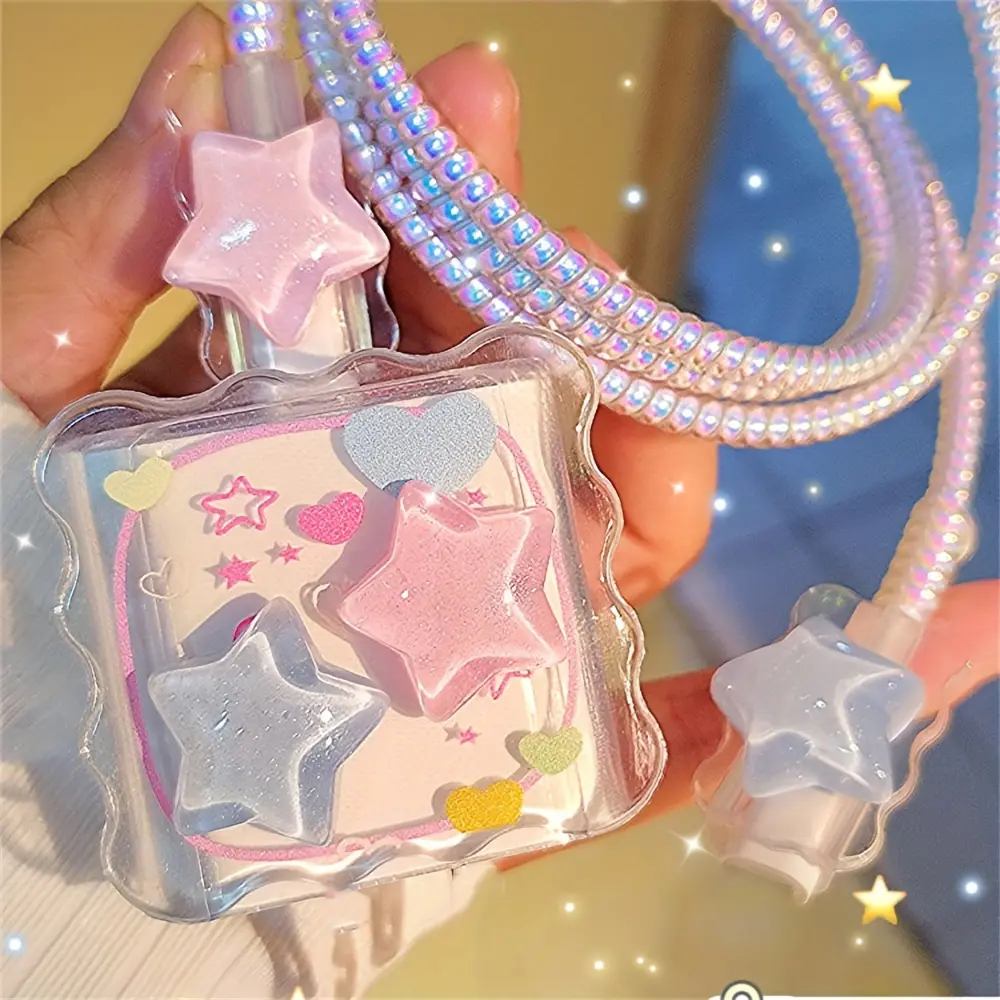 1pc 3D Glitter Star Smartphone Charging Protection Set - Y2K Coquette Colorful Cable Saver , Kawaii Cord Cover,Fits for Apple Original 18W & 20W Charger Block, Charger Block and Charging Cable NOT Included Christmas Gifts for Women