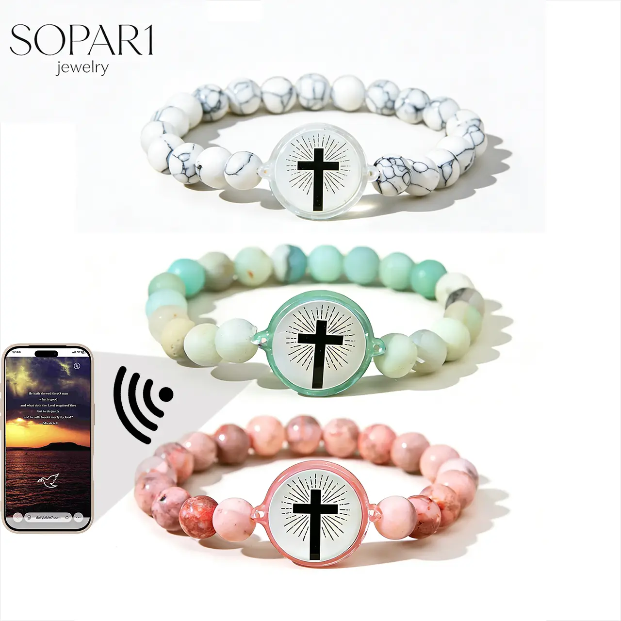3Pcs / Set NFC Daily Bible Cross with Stone Bead Couple Bracelet,Gospel Religious Jewelry for Birthday / Christmas / New Year / Valentine's Day Love Gift