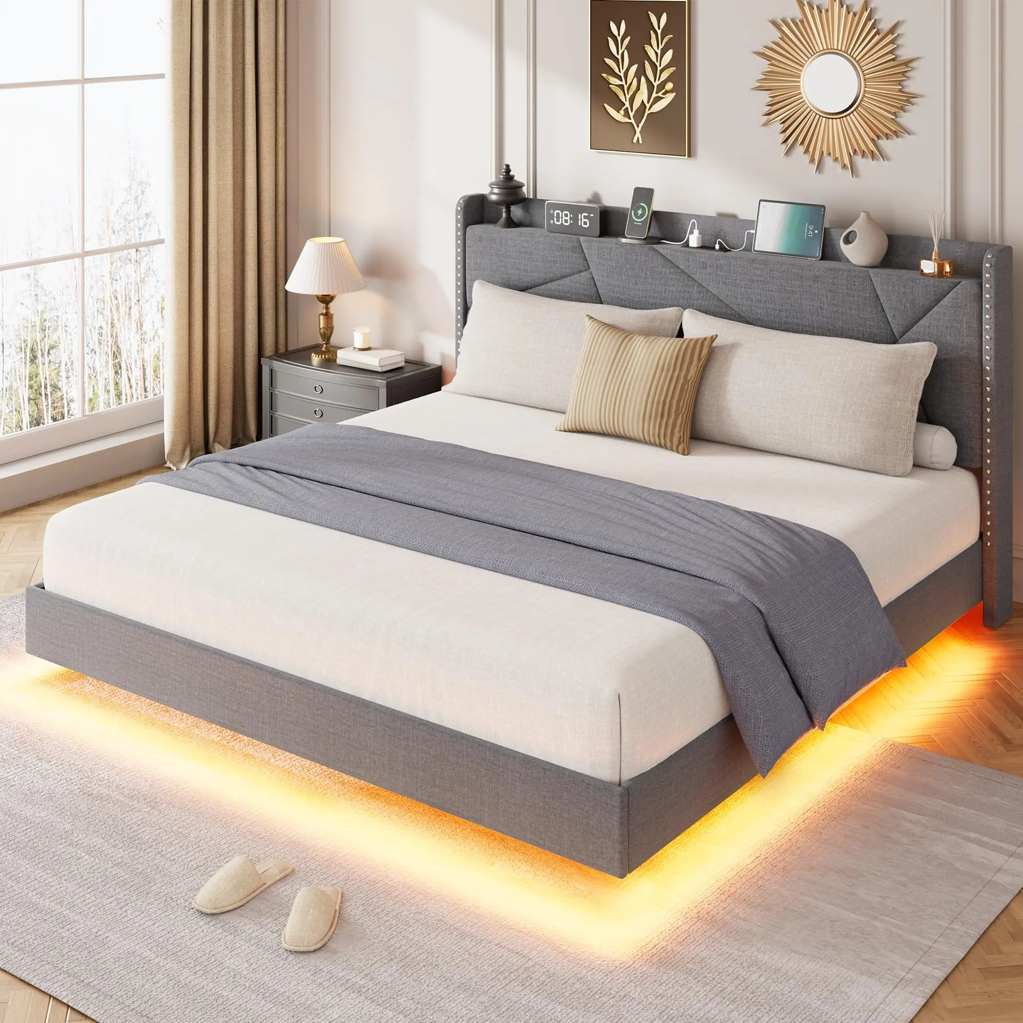 Garvee Modern Floating Upholstered Bed Frame with Smart LED Lights, Storage Headboard, Charging Hub, Button Tufting, Metal Slats (No Box Spring Needed) - Multiple Sizes, Grey/Black - Bedroom Furniture, Upholstered Bed Frames, Full Size Bed