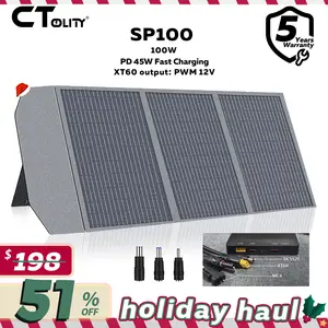 Holiday Haul CTOLITY SP100 100W Portable Solar Panel Phone Charger with PD45W QC3.0 XT60 DC5525 PV Connector High Efficiency 22% for Camping RV Marine Backyard Emergency Waterproof Adjustable Durable Foldable Smartphone Chargeable