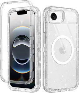Clear Glitter Case for iPhone 16e 2025 – MagSafe Compatible, Non-Yellowing, Shockproof 3-Layer Full-Body Protective Cover (6.1”)