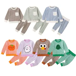 Ready Stock 3m-3y Baby Boys Spring Fall Outfits Striped Waffle Long Sleeve Top with Pocket and Matching Pants Set 2-Pieces Knit Clothes YT2406