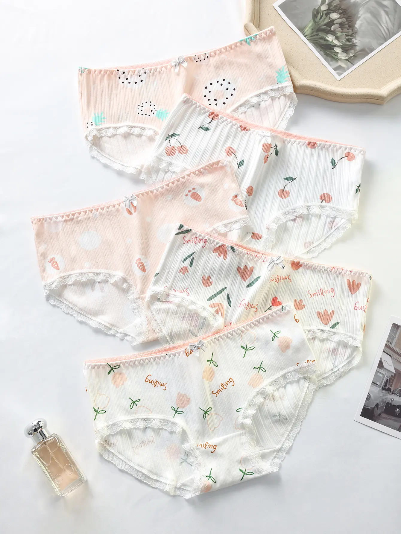 Hotcom Women's Cotton Underwear, 9-Piece Mid-Waist Printed Triangle Panties with Cotton Crotch, Comfortable Student Everyday Underwear, Mixed Color (Random Assortment)