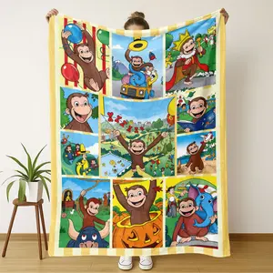 Curious George multi-scene adventure comic-themed blanket, a super soft flannel blanket, a comfortable gift for both home and travel, suitable for sofas and beds, perfect for giving to friends and family