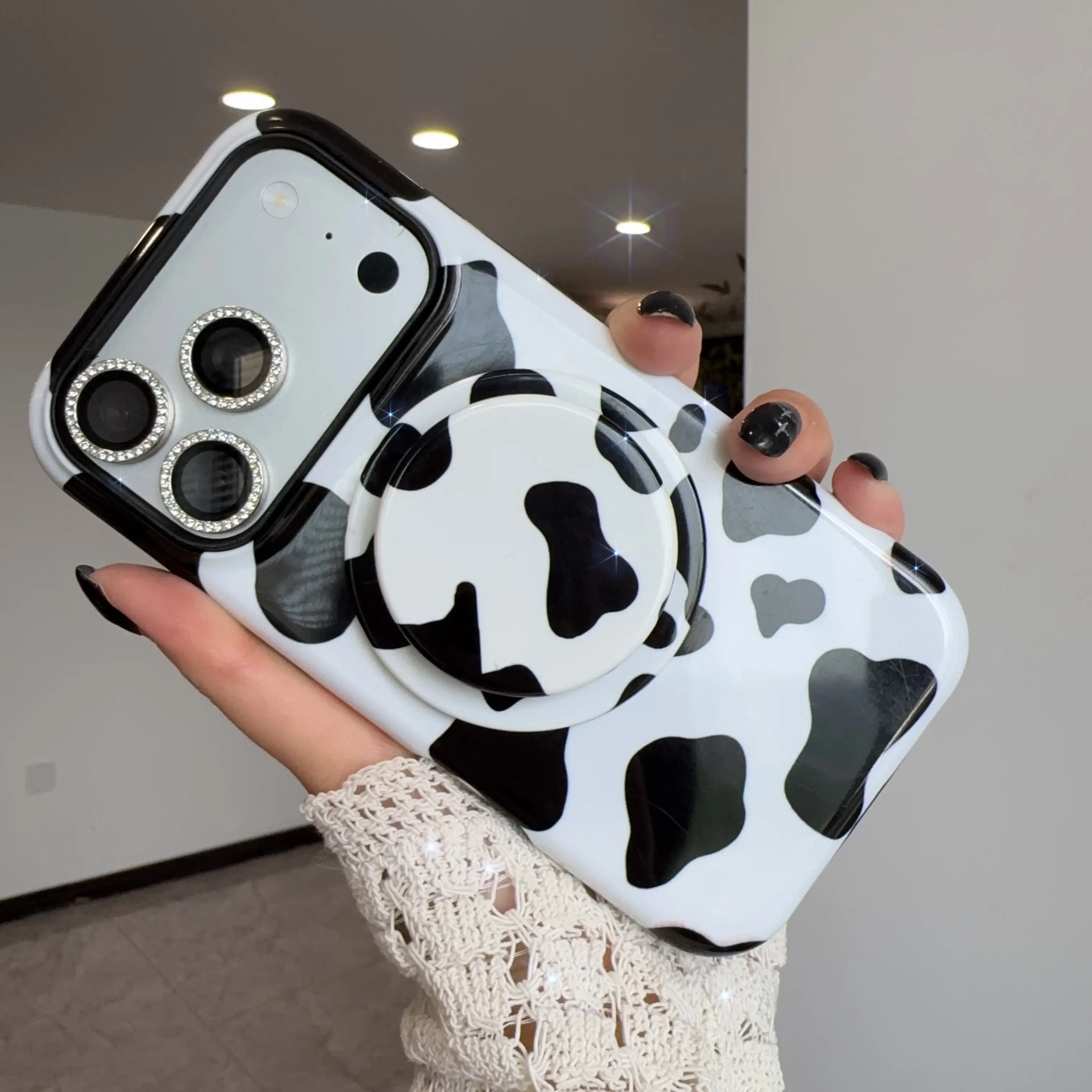 Woner MagSafe Cow Print Magnetic Phone Case with Magnetic Closure for iPhone 17/16/16 Plus/15/14/13 Pro Max, Women's Protective Cover with Holder, Protector Smartphone Accessory for Secure Fit
