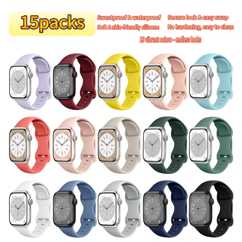 15-Pack Soft Silicone Butterfly Clasp Replacement Bands for Apple Watch 45mm/41mm, Solid Color Comfortable Fit Straps for Daily & Sports Use, Smartwatch Wearable Accessories, Father's Day Gifts