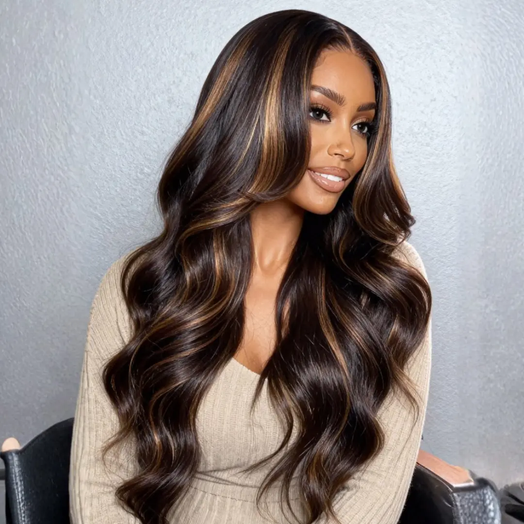 UNice Byebye Slip Black with Caramel Highlights Body Wave Glueless Human Hair Wig, 7x5 Closure, Drawstring Cap, High Density HD Brown Highlight Lace Closure Wig for Summer Use, Wigs, Glueless Wigs
