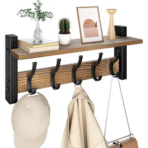 Coat Rack Wall Mount with Shelf, 17.1 Inch Coat Hanger, Entryway Wall Key Holder, Hat Rack for Walls, Shelf with 5 Coat Hooks, Purse Hanger for Wall (Brown)