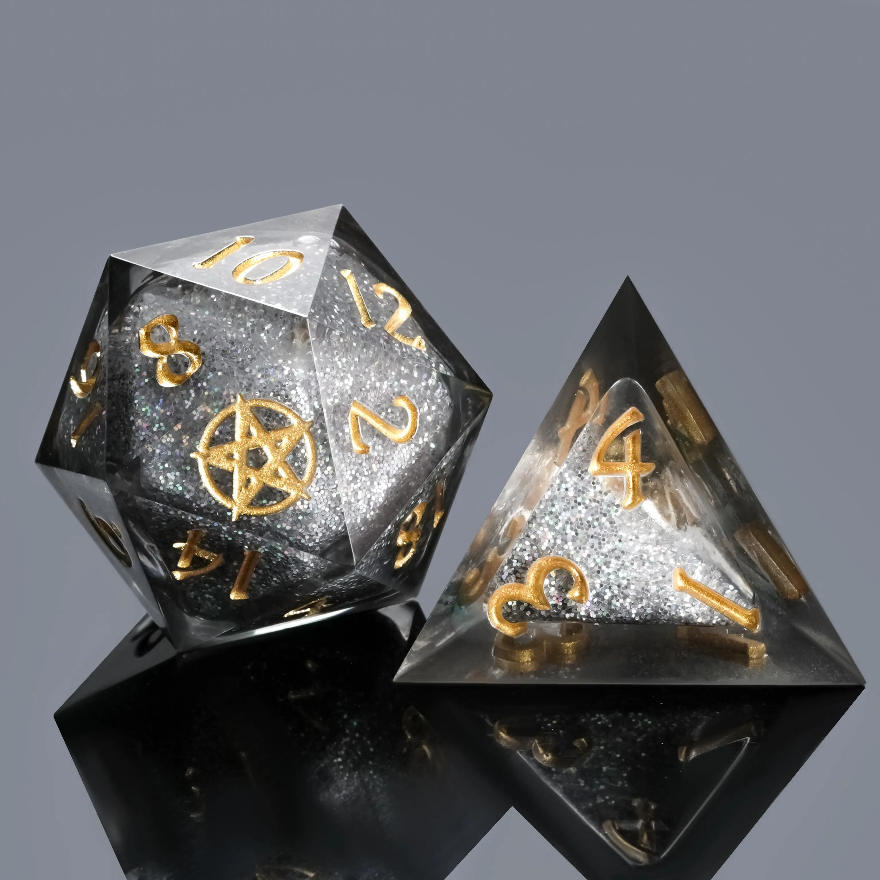 Gold Set Laser Engraved Pentagram Liquid Core Resin Dice DND Polyhedral Dice High Transparency Evil Shadow Gray Core 7 Piece RPG Game Dice Set,Halloween gifts