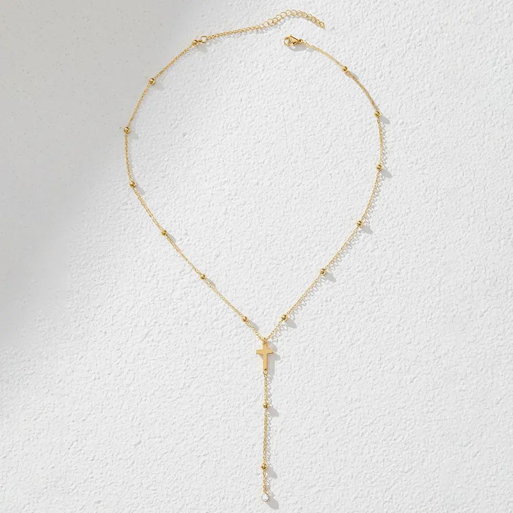 QUEENDO 14k gold‑plated Cross Y-Drop Beaded Ball Chain Necklace - Lariat-Style Cross Pendant with Dangling Stone Tip, Gold-Silver 2-Tone Satellite Chain, Adjustable Length Delicate Neck Ornament for Daily/Party Wear, Minimalist Stackable Jewelry Gift