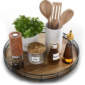 Acacia  13" Lazy Susan Turntable Organizer for Table Top, Farmhouse Round Wooden Lazy Susan for Cabinet Kitchen Centerpieces Coffee Table, for Condiments Spices, Bathroom Vanity Tray Decor