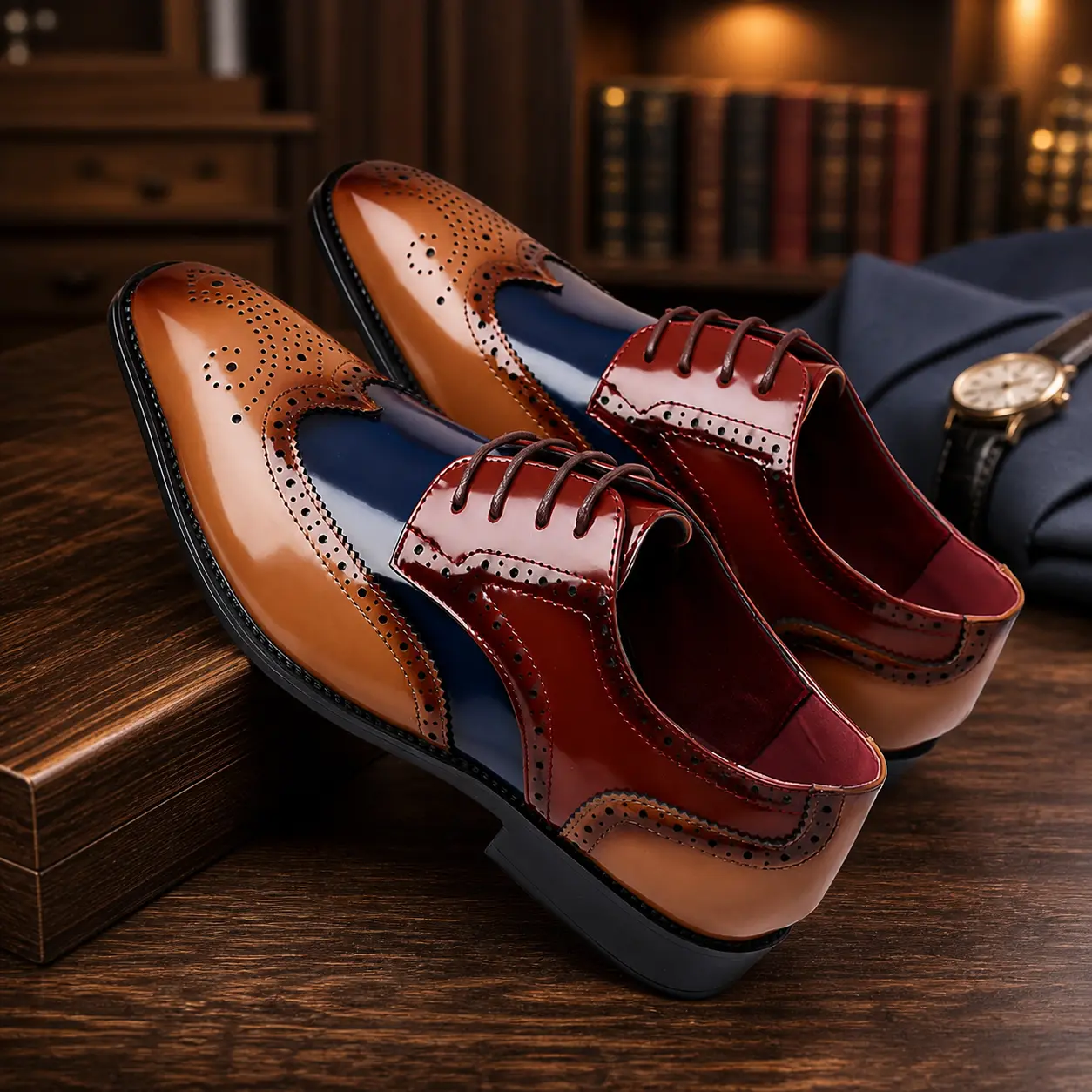 Men's Luxury Wingtip Brogue Oxford Formal Shoes - Premium Patent Leather, Ankle, Lace-Up Footwear with Classic Tricolor for Wedding Suit, Business Events