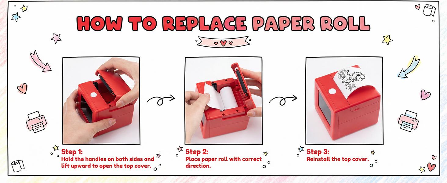 Children's AI Sticker Drawing Machine, featuring voice-to-image conversion, portable cartoon drawing maker, instant thermal paper output, creative toy set, includes 3 rolls of thermal paper and 2 rolls of stickers.