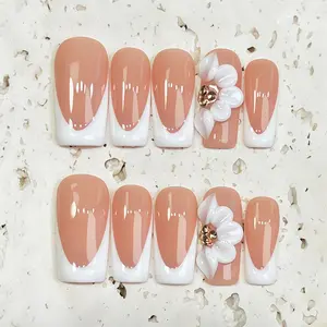 10Pcs Square Press On Nails, Y2K Cute Elegant Nail Art Fake Nails with 3D Flower, Handmade Acrylic Press On Nails, Uñas Postizas for Spring Summer, Cute Nails