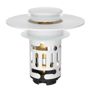 Hibbent Upgraded 3 in 1 Bathroom Sink Drain Strainer, Universal Pop Up Stopper with Removable Stainless Steel Filter Basket Hair Catcher, Sink Plug for 1.1''~2.36'' Basin, Brass Bullet Core, White