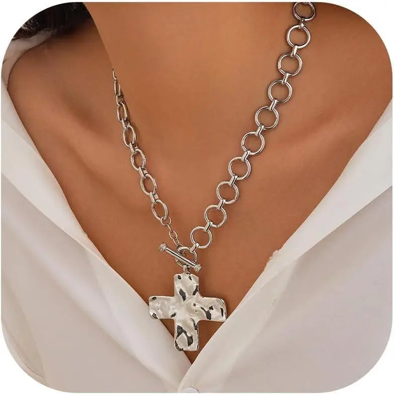 Tewiky Gold Chunky Cross Necklace for Women Statement Cross Pendant Necklace Layered Hammered Bold Cross Necklace Vintage Toggle Clasp Easter Necklace Jewelry