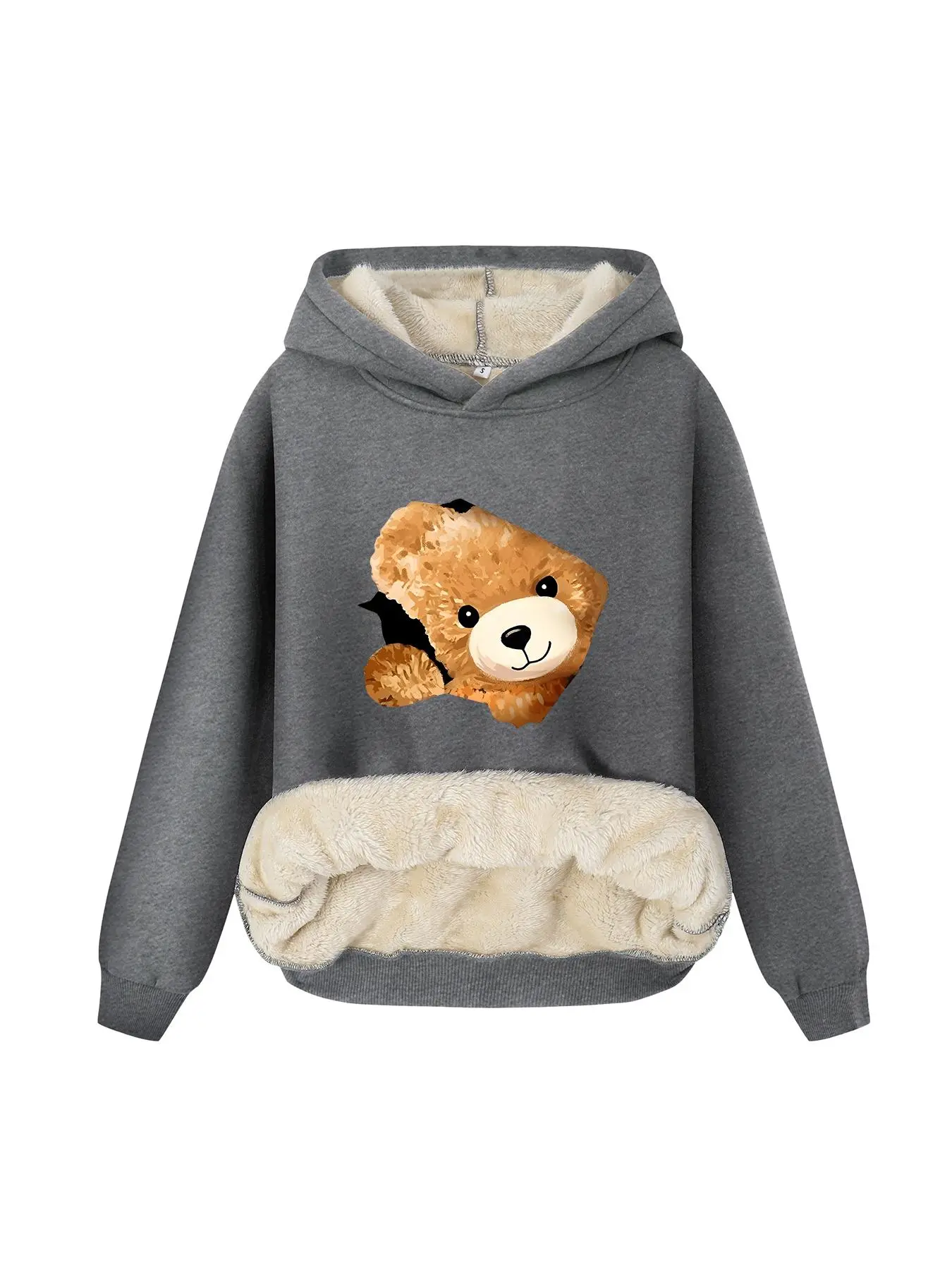 Women's Bear Print Plush Lined Fuzzy Casual Fitted Hoodie Sweatshirt, Casual Long Sleeve Pullover for Fall & Winter, Women's Clothes for Daily Wear