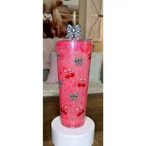 Cherry Bow Waterfall Glitter Tumbler 🍒✨