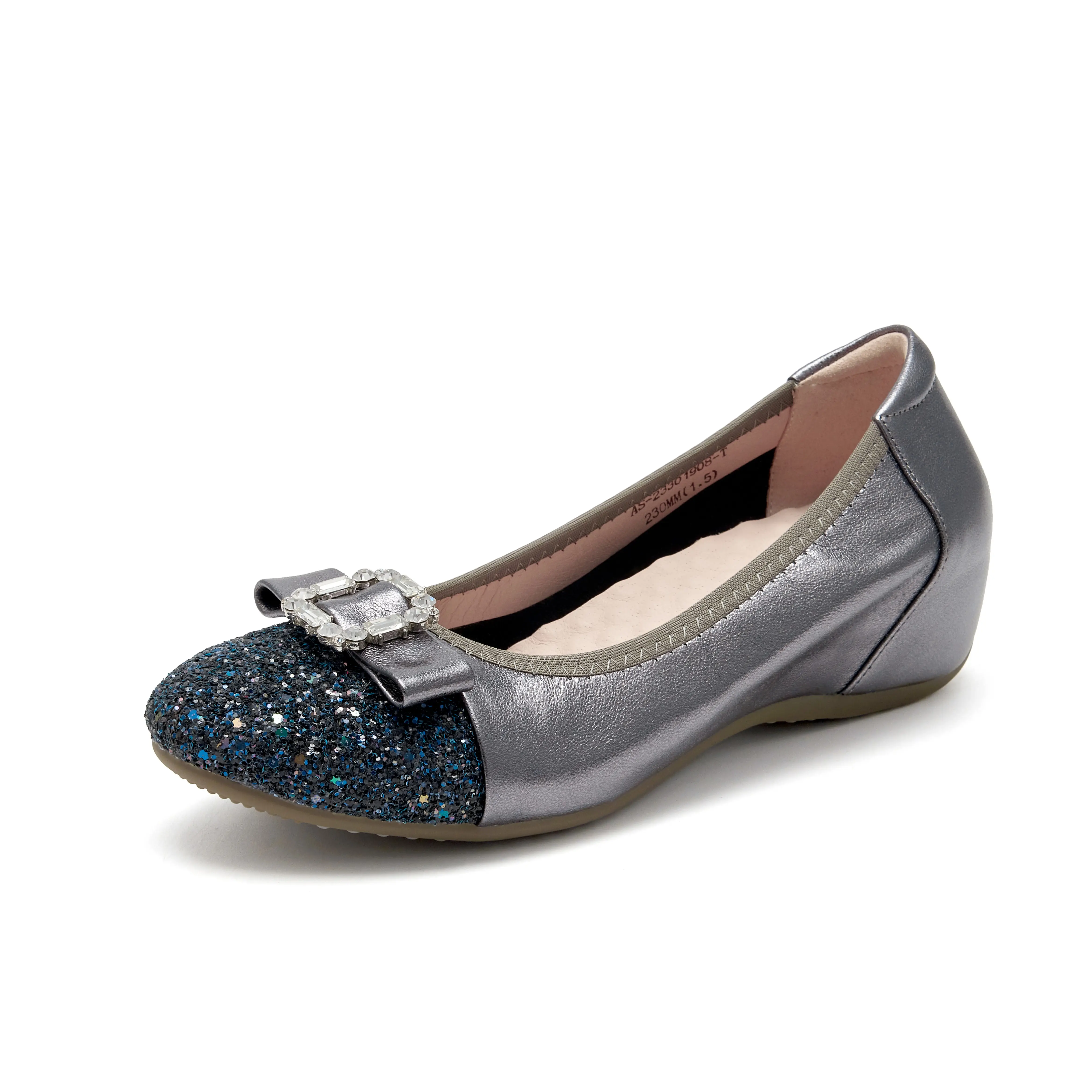 Women's Glitter Cap Toe Ballet Flats - Cow Hide Ankle Shoes with Rhinestone Buckle, Metallic Wedge Heel, Laces for Party & Daily Wear, Rhinestones, Plain, Flexible, Round Toe, Elegant, Boat Shoes, Leather, Ballet Shoes