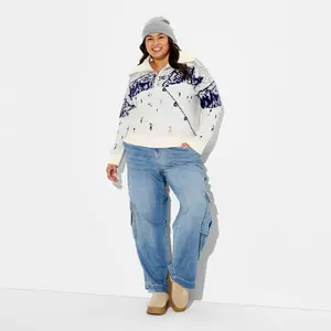 Women's Polo Collar Quarter Zip Novelty Pullover Sweater - Wild Fable Off-White Landscape 3X