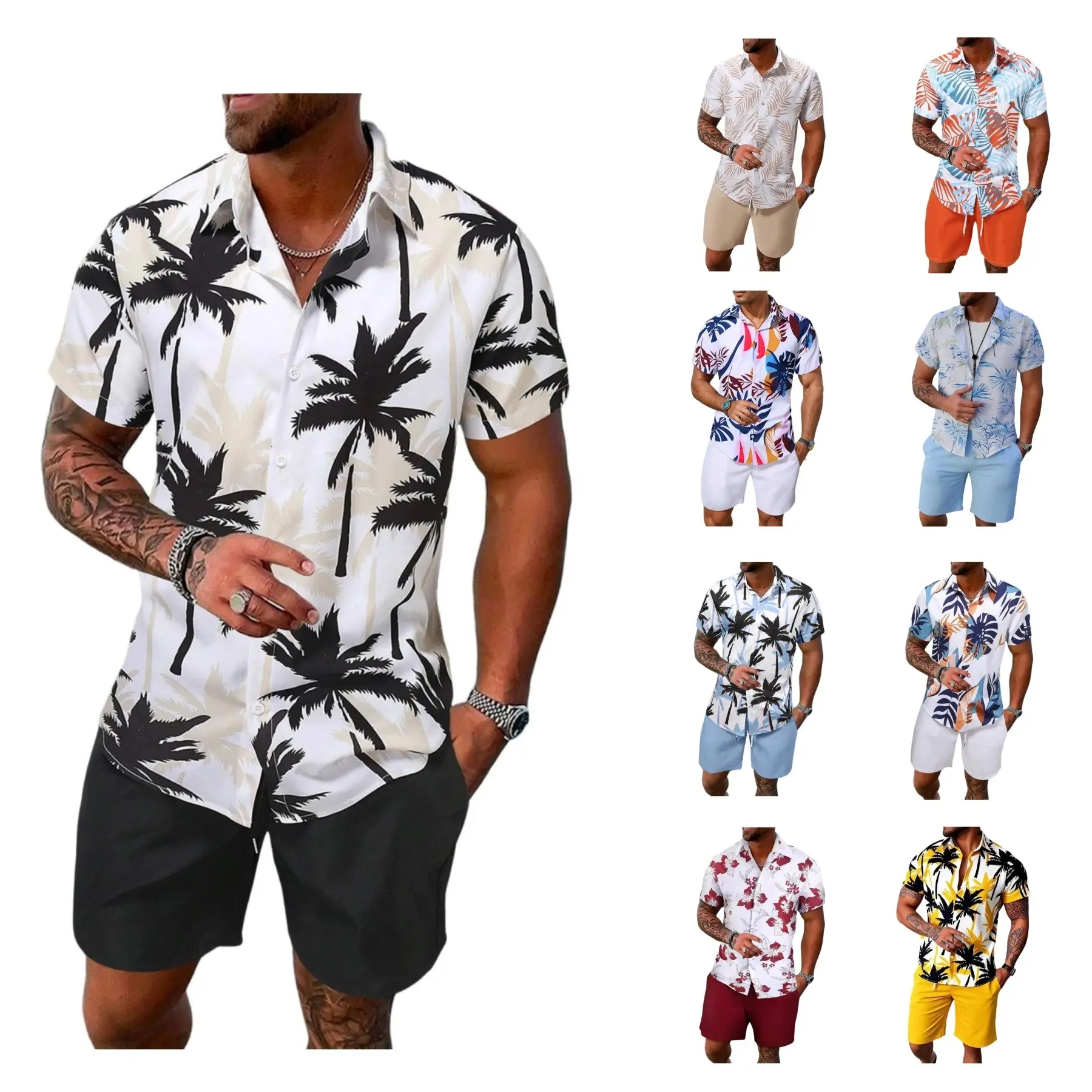 Yimoon  2-PieceMen's Tropical Print (Runs Small) Set Short Sleeve Button Down Hawaiian Beach Shirt & Shorts Breathable Casual Summer Tracksuit Gift Clothes Menswear Elastic Loose Outfit Stylish Top