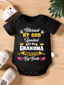 Blessed By God Spoiled By My Grandma Protected By Both Baby Bodysuit Floral Crown Arrow Heart Graphic Short Sleeve Cotton Black Infant Grandmother Religious Onesie