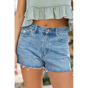 Give It A Go Medium Wash Raw Hem Denim Shorts