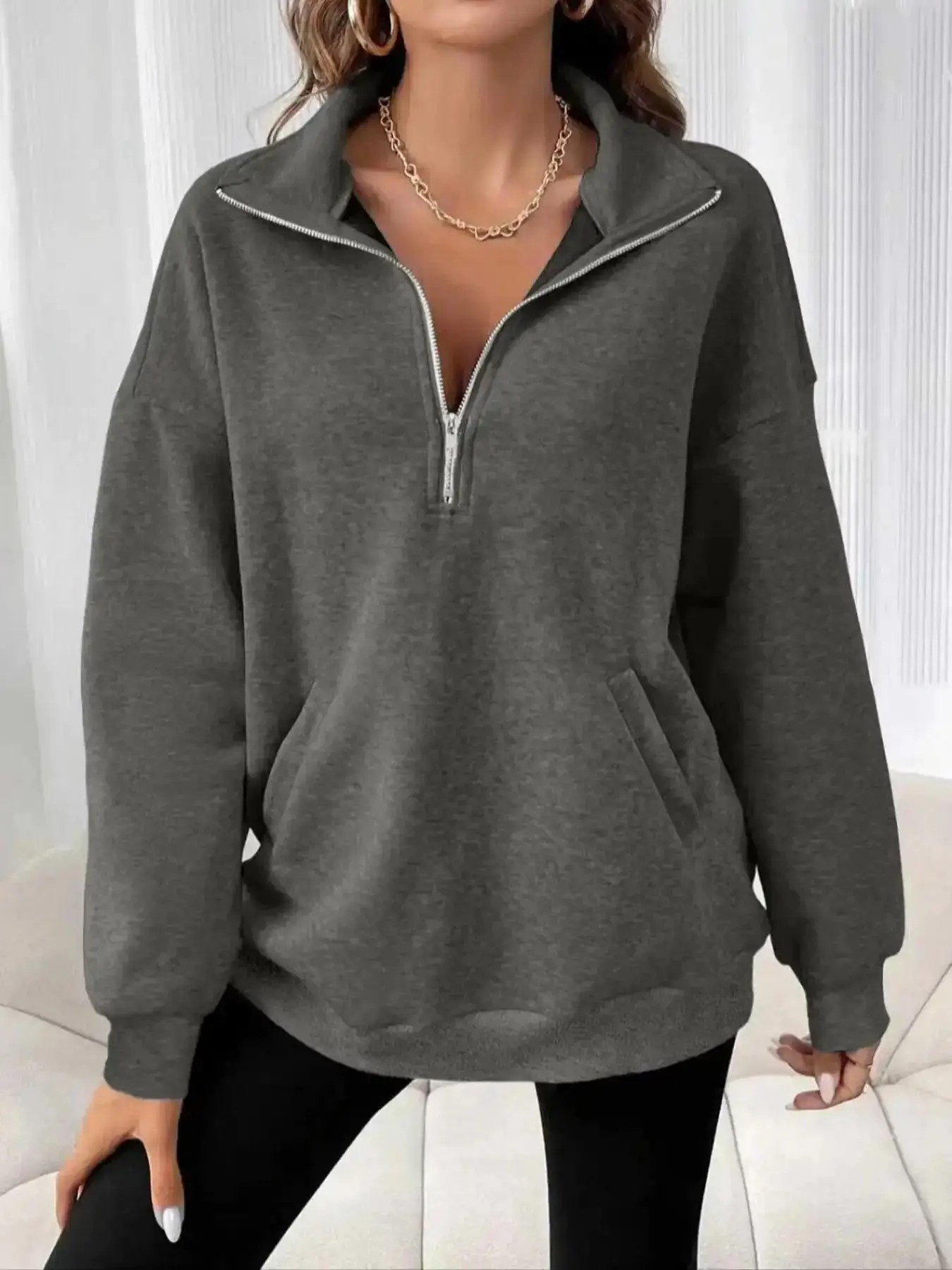 Flattering Women's Zipper Solid Color Loose Pullover Cozy Sweatshirt Plain Style, Casual Basic Long Sleeve Drop Shoulder Top, Fall & Winter Fashion, Womenswear, Utility Pockets, Loungewear Trendy, effortless layering