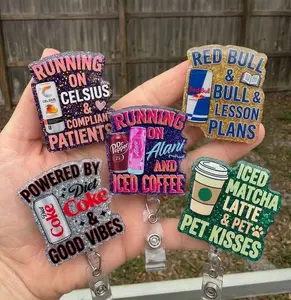Glitter Badge Reel Nurse Teacher Acrylic Badge Holder, Running on Celsius Alani Nu Diet Coke Red Bull Badge, Iced Matcha Latte Pet Kisses