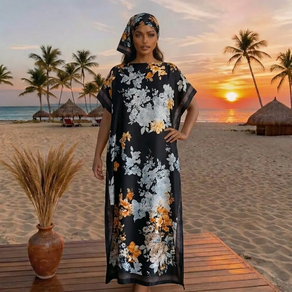 Elegant ice Fabric Floral Print Dress Set, Long Robe & Scarf, Beach Cover-Up, Sun Protection, All Seasons Wear, Women's Fashion
