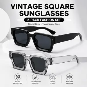 SummerVibes 2 Pack Retro Square Sunglasses for Women, Trendy Thick Frame Fashion Shades, Anti-Glare PC Lens Eyewear, Beach Vacation Party Gift