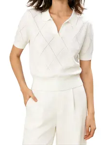 Women's Summer Thin Knit Polo Shirt, Collared Short Sleeve T-Shirt, Waist Cinched Slim Fit Commuter Top, Soft Skin-Friendly Fabric