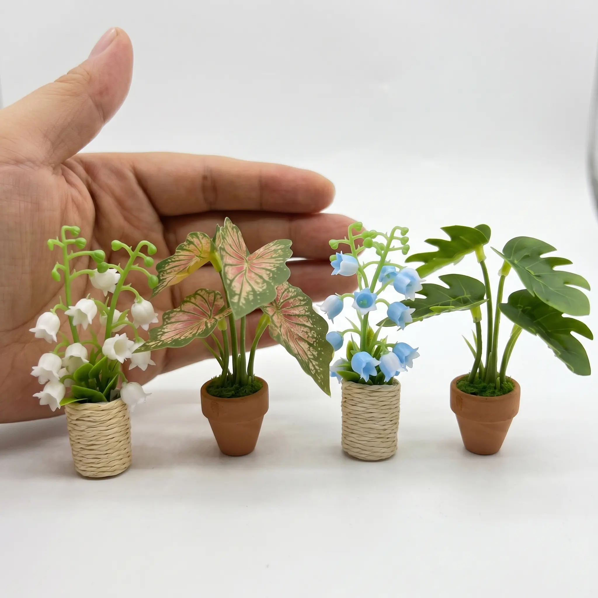 4 Pcs 1:12 Scale Dollhouse Miniature Potted Plants - Faux Monstera, Caladium, Lily of the Valley, High-Quality Resin & Plastic, Maintenance-Free Desk Decor for Dollhouse Collectors, Home Garden Accents