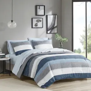 Madison Park Essentials MPE10-985 68 x 86 x 1.5 in. Jaxon Stripe Comforter Set with Bed Sheets, Blue & Grey - Twin Size