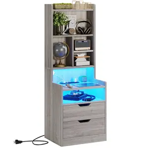LED Tall Nightstand with Bookshelf Charging Station Grey Bed Side Table Bedroom Table Modern Bedside