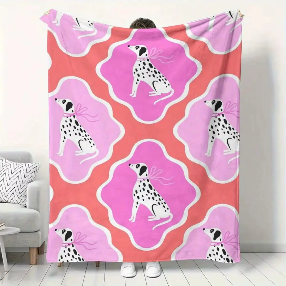 1pc Pink & White Dalmatian Print Blanket Soft Funny Throw Blanket Cozy Lightweight Plush Portable Cover Blanket For Sofa,Warm Gift For Birthday,Christmas,Multiple Blanket