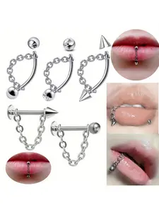 2pcs Fashion Simple Stainless Steel Chain Ball Spike Lip Ring, Vertical Labret Jewelry, Dual-Use Curved Bar Chain Eyebrow Ring Ear Bone Ring, Detachable Piercing Jewelry for Women's Daily Wear Non Tarnish Jewelry