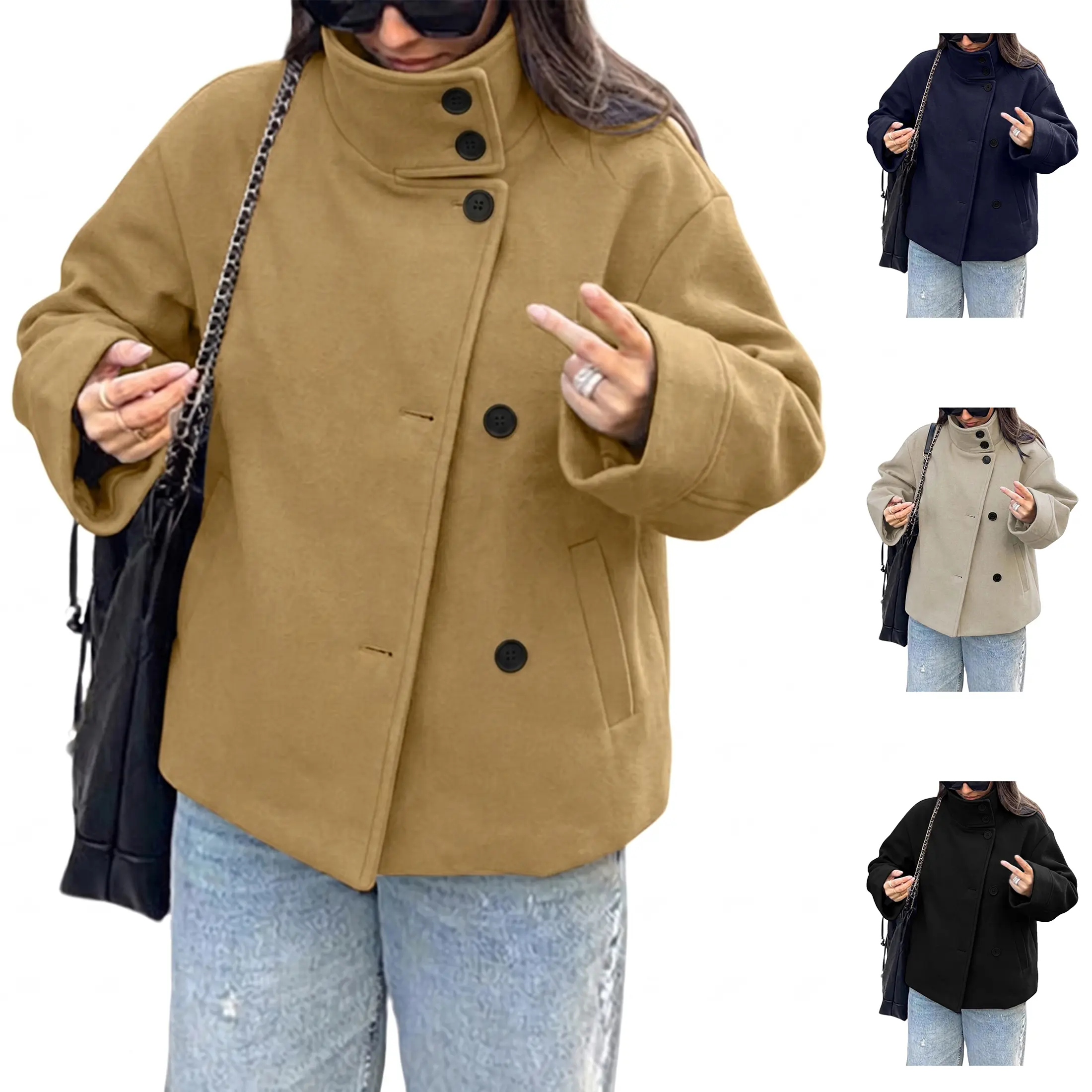 Mibbory Women's Crop Pea Coat - Collared Stand Lapel, Cozy Wool-Blend & Polyester Fabric, Slimming Cut, Basic Solid Color, Loose Fit Fall Winter Tops & Outerwear