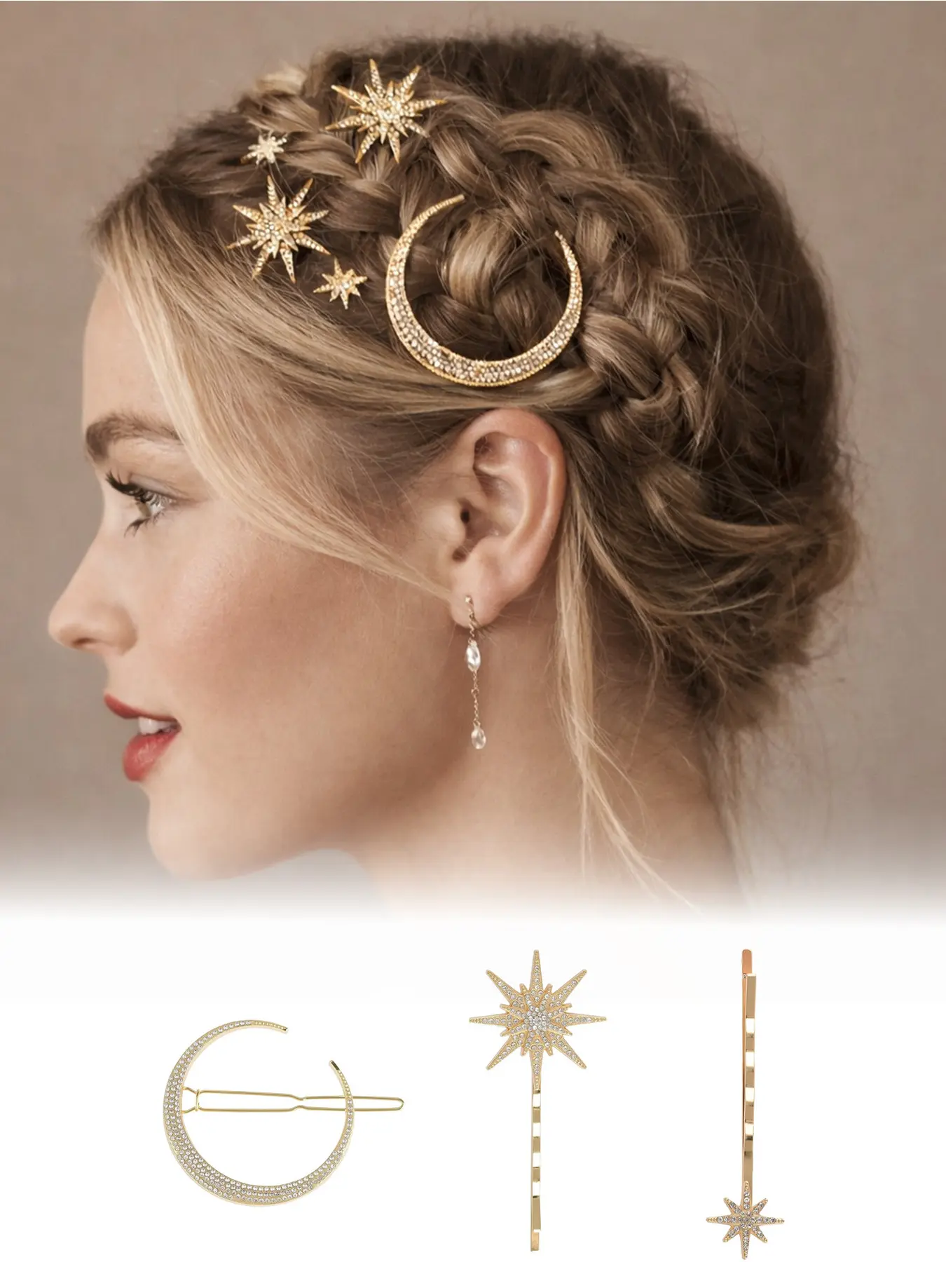 3-piece set of rhinestone-like star and moon shaped hair clips, Decorative hair clips, for women, Prom Hair Accessories, celebrating Ramadan, for fixing bangs and broken hair, suitable for holiday parties, gatherings, and as gifts for friends and family