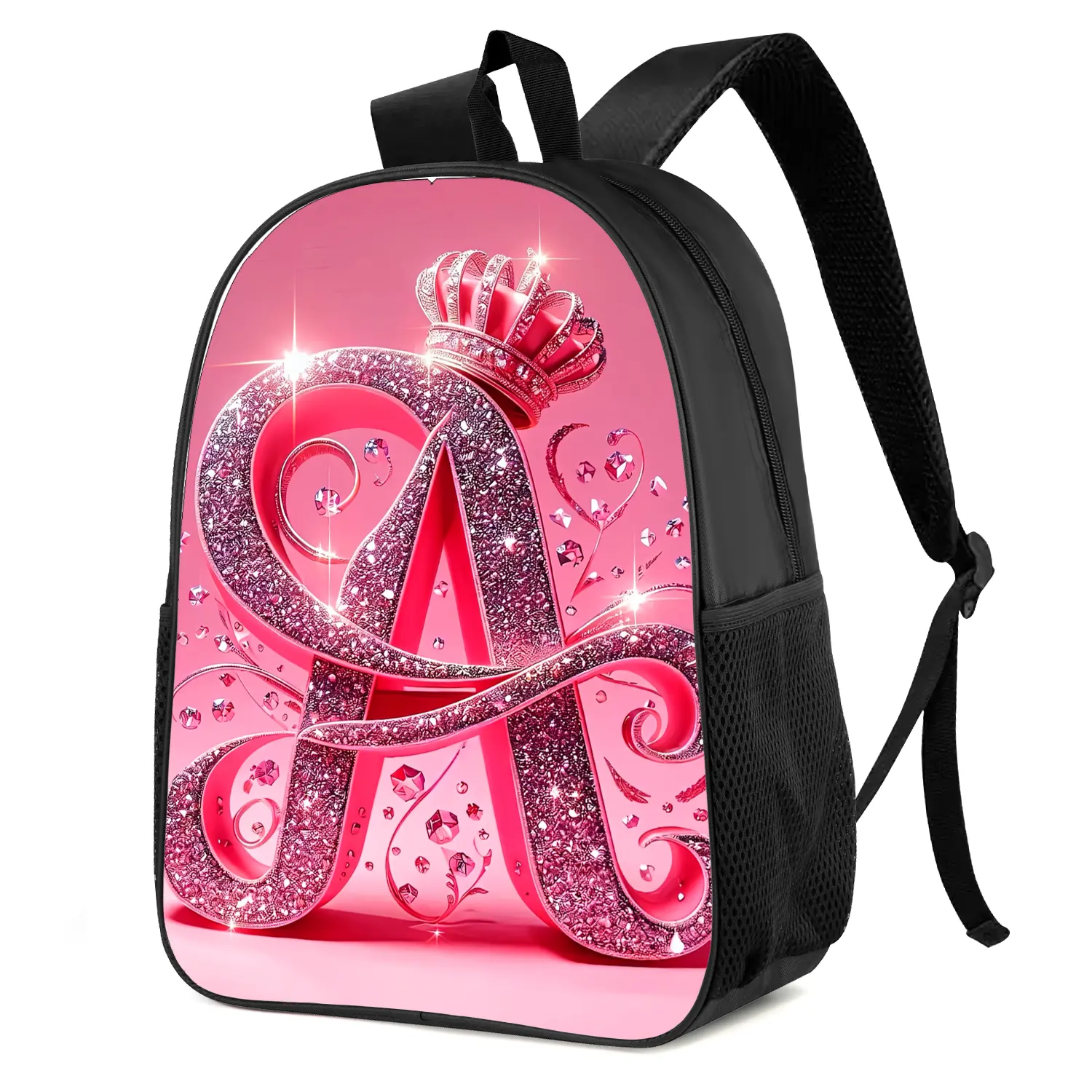 B238  Pink Glitter Crown Letter A Trendy Graphic Print Casual Daily Backpack for Commute Outdoor Travel